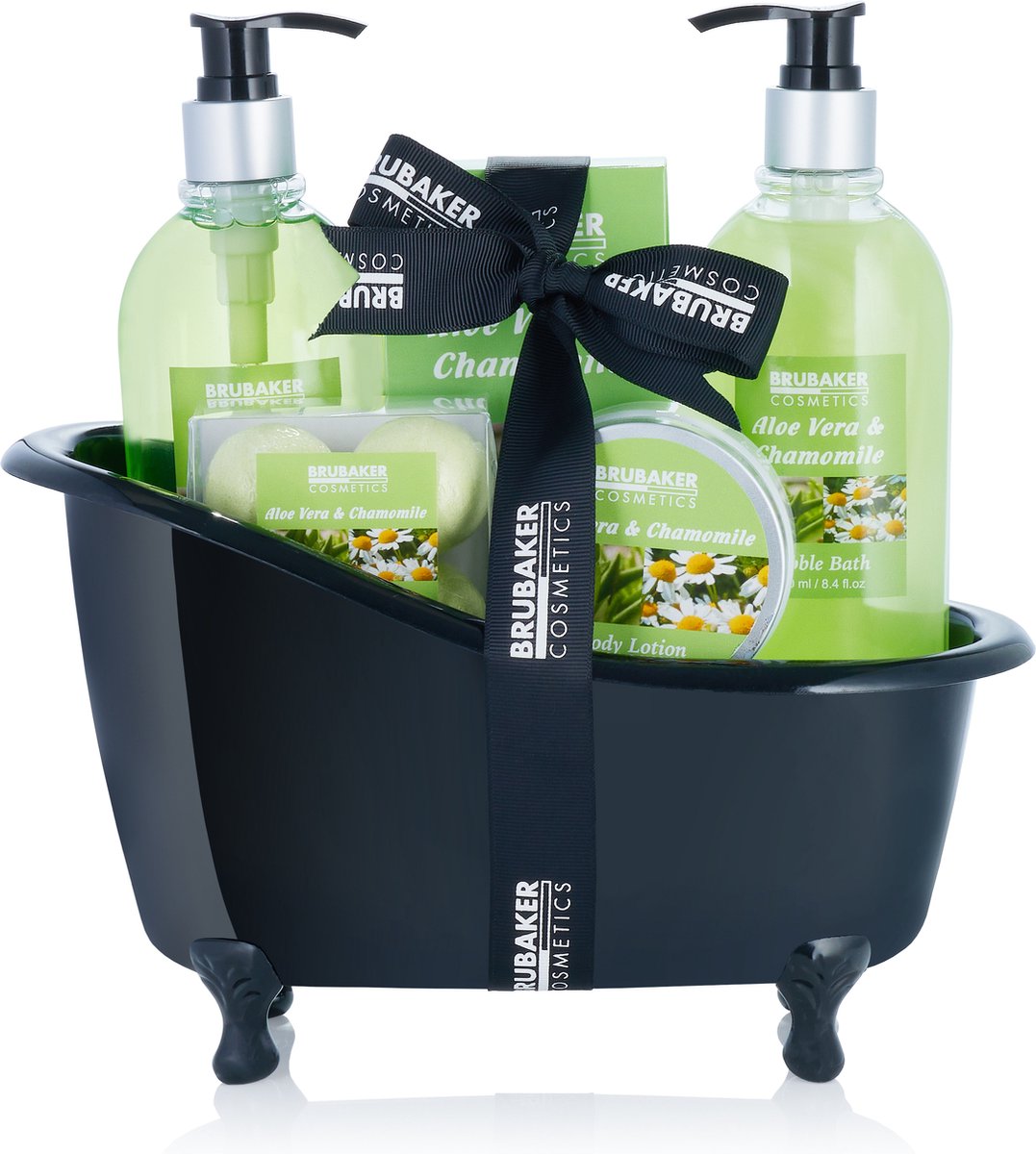 BRUBAKER Cosmetics Bad en Doucheset - Cadeautip vrouw - Aloë Vera Camomile met Decoratie Badkuip - Verwenpakket Vrouw - Cadeau Geschenkset Zwart 9 stuks - Cadeau - Kerstcadeau - Bodylotion - douchegel