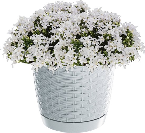Cache-pot / cache-pot rond tressé en plastique dia 16,5 cm et hauteur 14 cm en blanc nacré