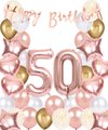 Feestpakket met grote rosegouden folieballonnen 50, 'Happy Birthday' slinger, ster- en hartballonnen, gouden, witte stippen en rose ballonnen.