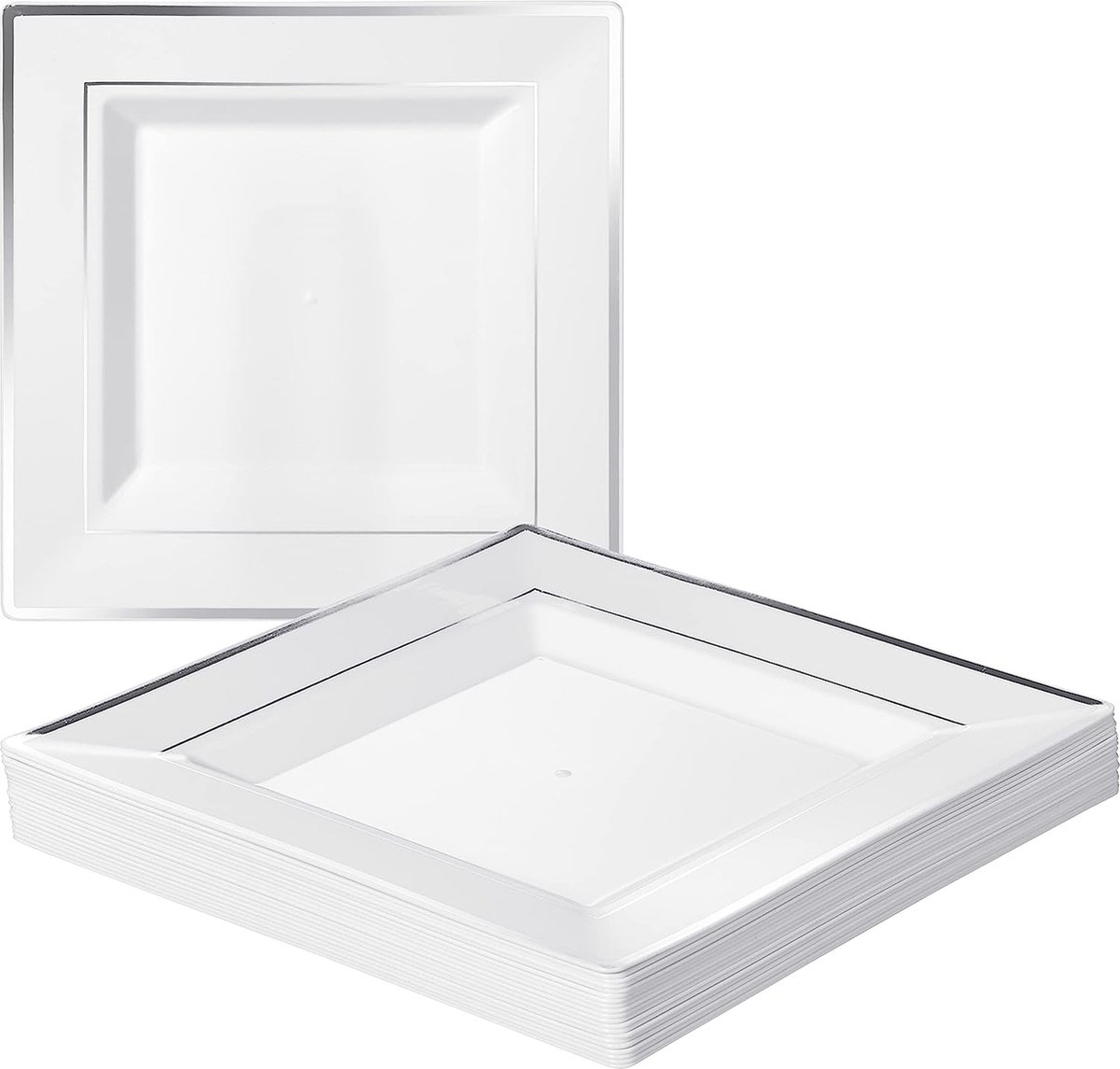 20 Witte Vierkante Plastic Borden met Zilveren Rand (24cm), Feestbordjes voor Bruiloften, Verjaardagen, Dopen, Kerstmis & Feesten - Stevig en Herbruikbaar