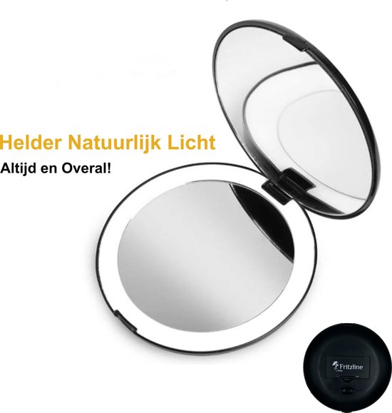 Fritzline® Compacte Make-up spiegel met LED verlichting - 10X en 1X vergroting - Handspiegel - Zakspiegel - Reisspiegel - Make-upspiegel - zwart