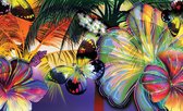 Fotobehang - Vlies Behang - Kleurrijke Vlinders en Jungle Bladeren - 312 x 219 cm