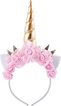Eenhoorn haarband goud lichtroze - roze unicorn haarband met oortjes en bloemetjes - gouden hoorn - licht roze bloemen