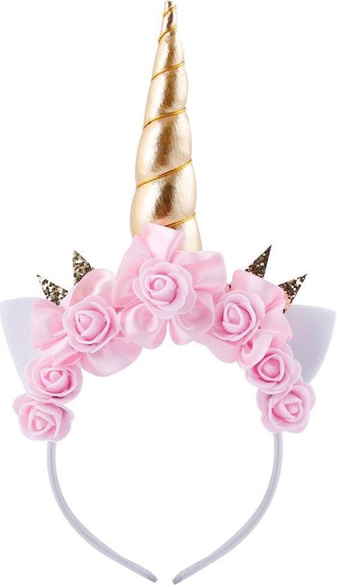 Eenhoorn diadeem roze unicorn haarband goud met oortjes en bloemetjes -  gouden hoorn -... | bol.com