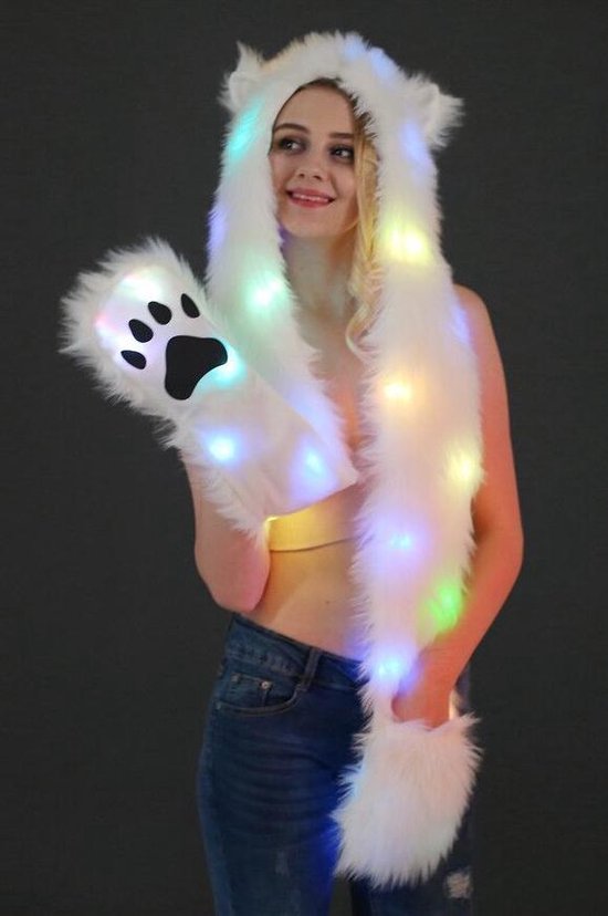 KIMU hood ijsbeer muts met led lampjes, sjaal, wanten en oortjes - faux fur hood wit bont witte berenmuts flappen bontmuts capuchonmuts spirit -