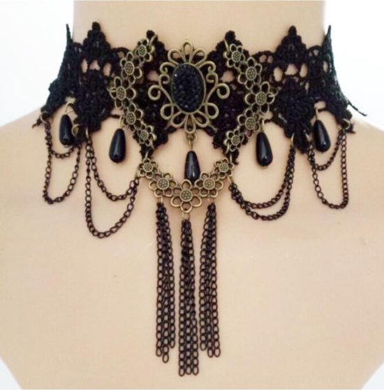 Tour de cou dentelle noire avec perles et chaines - collier collier  victorian sexy... | bol.com