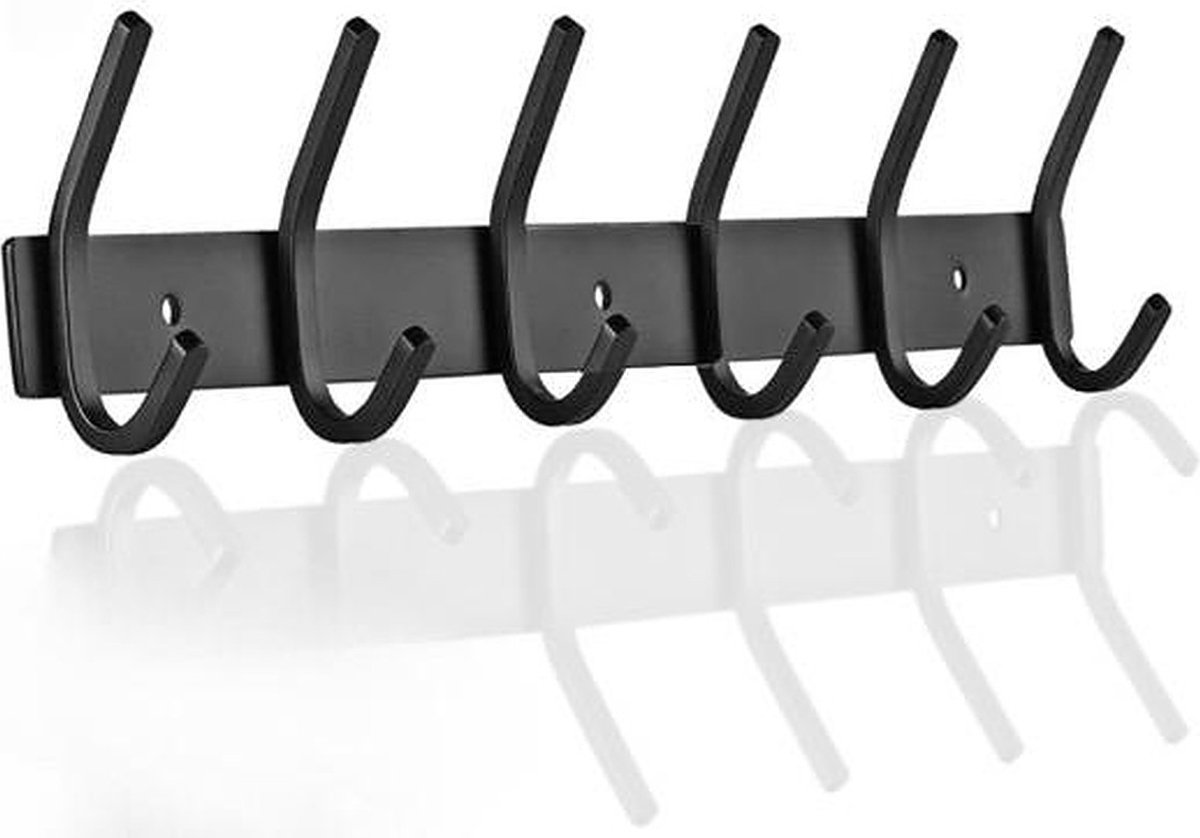 Kapstok-Wandkapstok - Muur Kapstok Hangend - RVS - 12 Hangers - Industrieel - 3M Tape - Zwart