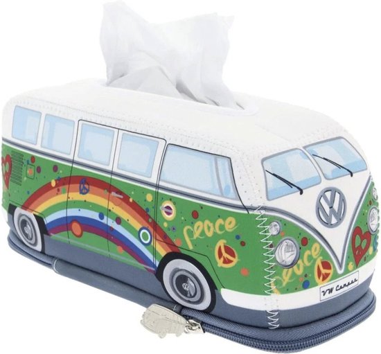 Groene VW T1 Bulli bus tissuebox met regenboog, vredesymbolen, "peace" opdruk en rits met bus-hanger.
