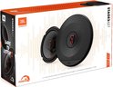 Verpakking van JBL Stage3 627 luidsprekers, met de luidsprekers en de tekst 'Dare to Listen'.