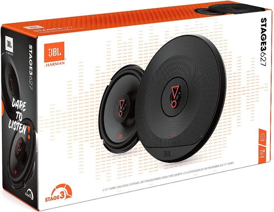 Verpakking van JBL Stage3 627 luidsprekers, met de luidsprekers en de tekst 'Dare to Listen'.