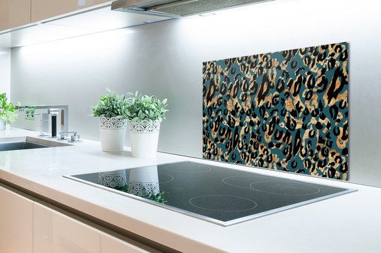 Spatscherm keuken 60x40 cm - Kookplaat achterwand Dierenprint - Panterprint - Turquoise - Muurbeschermer - Spatwand fornuis - Hoogwaardig aluminium