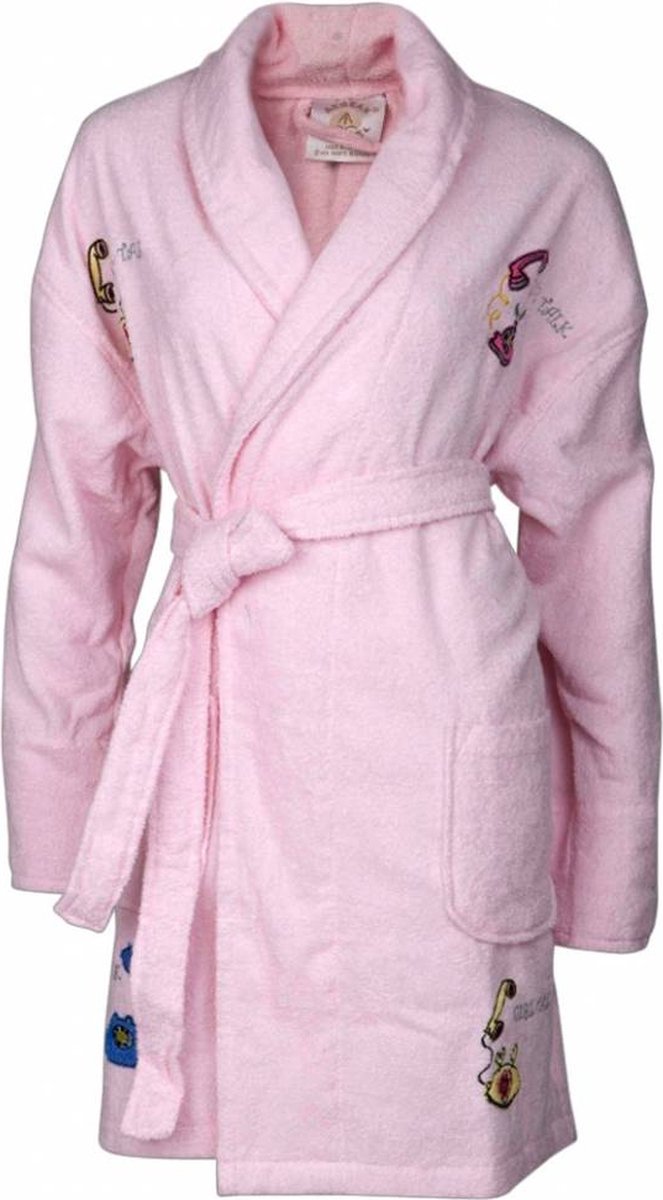 Aegean Apparel damesbadjas Girl Talk – aanbieding – licht roze badjas met telefoon applicaten – zomerbadjas van 100% badstof katoen – camping badjas – onesize 36 t/m 42