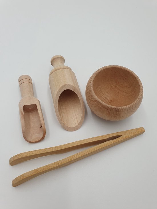 Sensory houten speelset - 4 stuks - Schepjes, tang & bakje - Accessoires speelrijst - Open einde speelgoed - Montessori speelgoed - Grimms & Grapat style