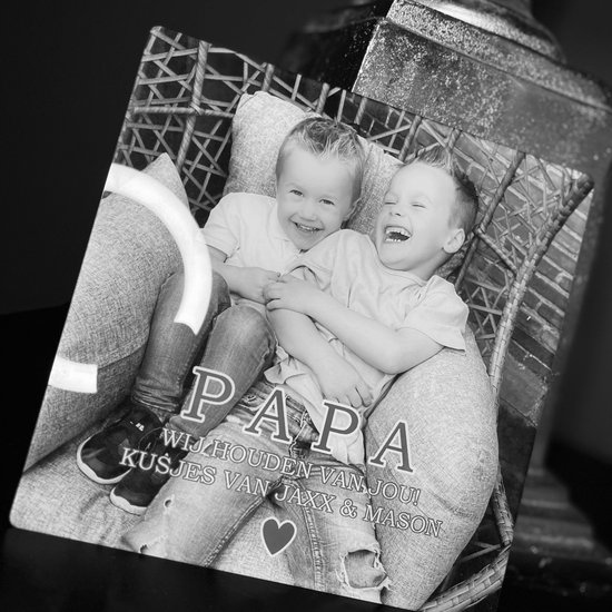 Eigen foto-Cadeau voor Papa-glas fotopaneel 20x20cm met eigen foto-Vaderdag cadeau-Verjaardag Papa-Papa wij houden van jou! Kusjes van