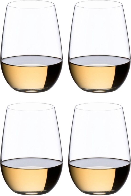 Vier Riedel O Wine Tumblers, gevuld met witte wijn.