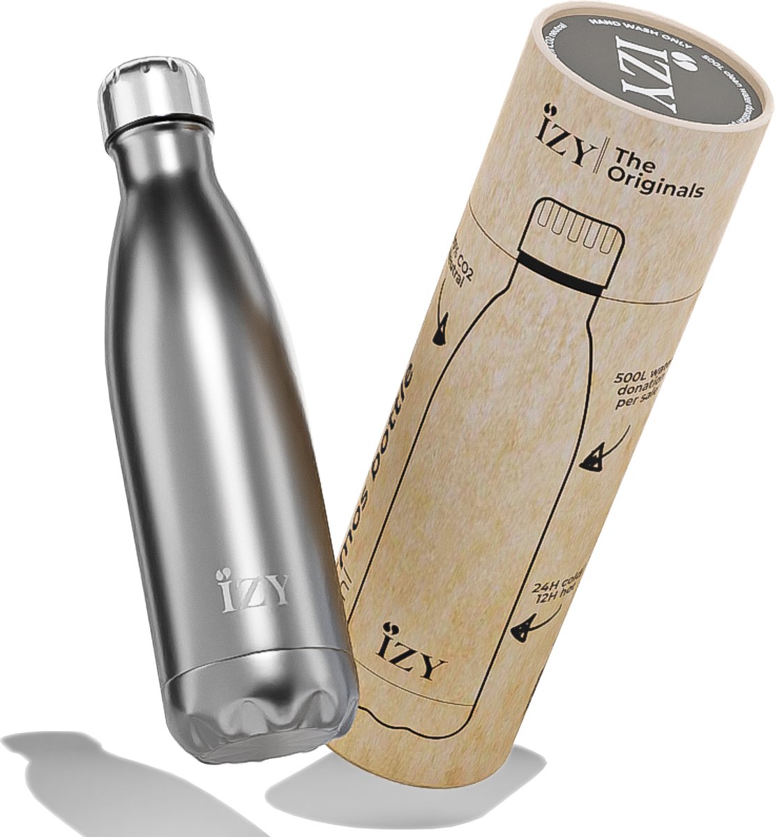 IZY Drinkfles - Zilver - Inclusief donatie - Waterfles - Thermosbeker - RVS - 12 uur lang warm - 500 ml