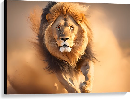 Canvas - Aanstormende Mannetjes Leeuw door het Afrikaanse Landschap - 100x75 cm Foto op Canvas Schilderij (Wanddecoratie op Canvas)