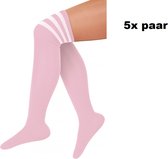 5x Paar Lange sokken pastel roze met witte strepen - maat 36-41 - Lieskousen - kniekousen overknee kousen sportsokken cheerleader carnaval voetbal hockey unisex festival