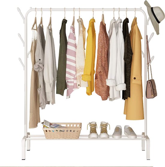 VOUNOT® Metaal Dubbel Kledingrek, Garderoberek met 2 laags Schoenenplank en 4 Zijdelingse Haken, Zware Belastbare Kledingstang voor Slaapkamer, Hal of Kleedkamer 110x35x146 cm, Wit