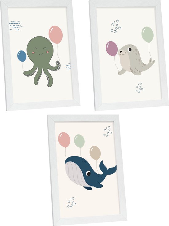 Deknudt Frames - ingelijste poster voor kinderkamer - 3 posters 20x30cm in wit kader - octopus, zeehond en walvis - babykamer decoratie - dieren posters