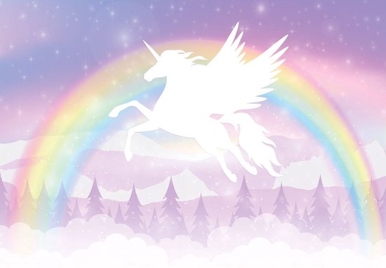 Fotobehang - Vlies Behang - Regenboog en Pegasus - Unicorn - Kinderbehang - 368 x 254 cm