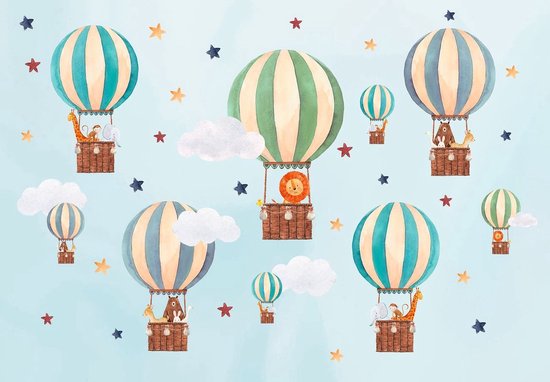 fotobehang-vliesbehang-dieren-in-luchtballonnen-tussen-de-wolken