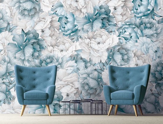 Papier peint photo - Papier peint Vinyl - Pivoines bleues Vintage - Fleurs - 254 x 184 cm