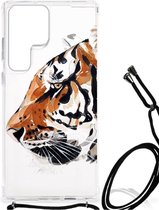 Anti Shock Bumper Case Geschikt voor Samsung Galaxy S23 Ultra Smartphone hoesje met doorzichtige rand Tiger