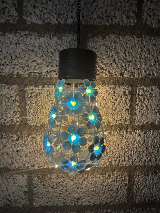Metalen solarlamp "bloem" - blauw - met 26 LEDs - hangend model - hoogte 42 x 14 x 6 cm - Tuindecoratie - Tuinverlichting