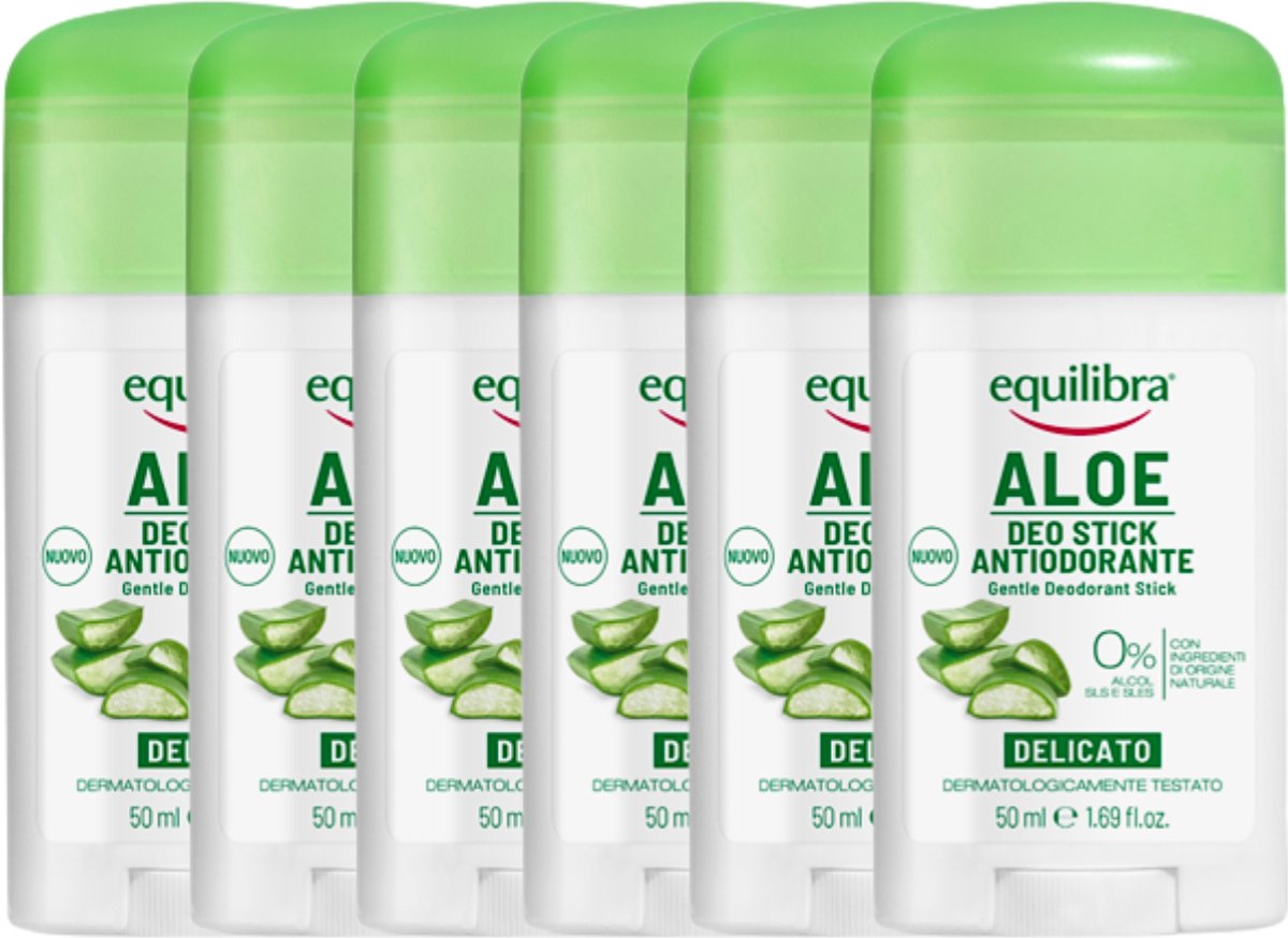 Equilibra Delicato Aloe Vera Deodorant - 6 x 50g - Natuurlijke Ingredienten - Heilzame Verzorgende Werking Voor Gevoelige Huid