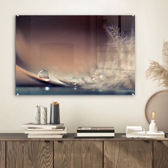 Peinture sur verre - Plume - Goutte d'eau - Nature morte - Peinture sur verre - Décoration murale - 60x40 cm - Décoration murale - Photo sur verre