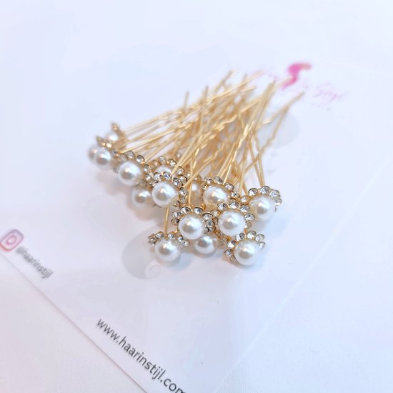 Haar in Stijl® Lulu Serie - set van 20 parel/kristal bloem haarpinnen goud - haaraccessoires voor feest bruiloft verloving bruidsmode