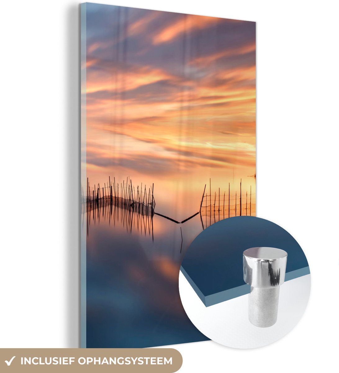 Glasschilderij - Zonsondergang - Water - Palen - Horizon - Foto op glas - 40x60 cm - Schil