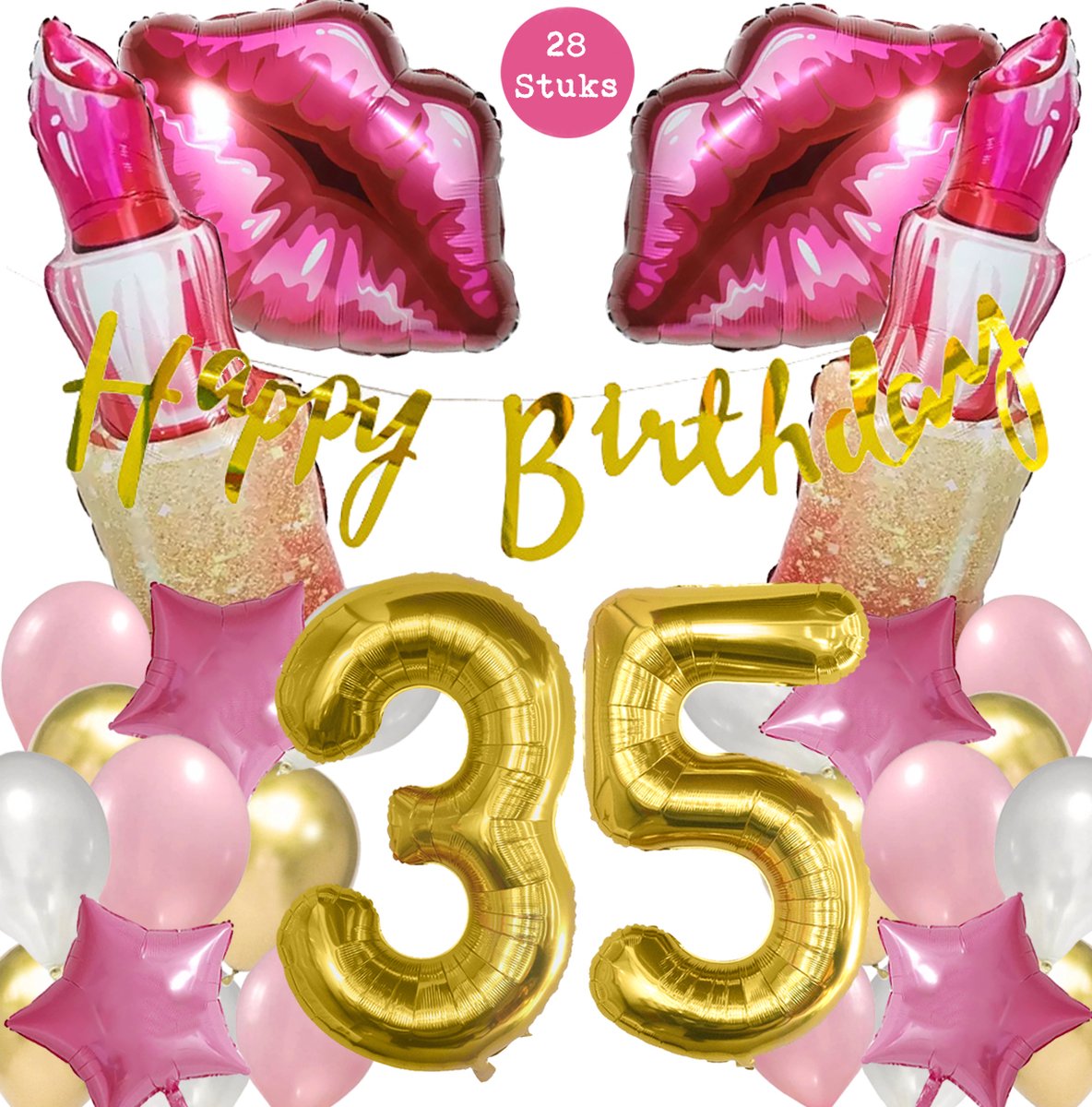 Snoes Mega Beauty Helium Ballonnen Set 35 Jaar - Roze Helium Folieballonnen - Slinger Happy Birthday Goud