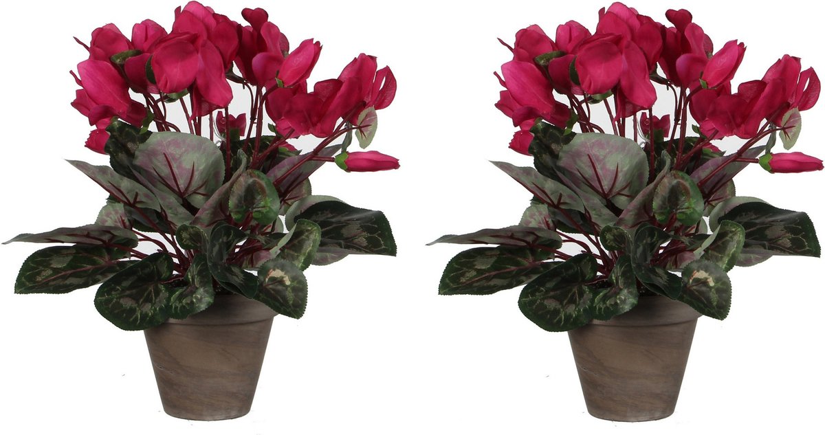 Mica Decorations Cyclaam kunstplant donker roze in keramieken pot H30 x D30 cm - 2x - Kunstplanten/nepplanten met bloemen