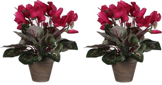 2x stuks cyclaam kunstplanten donker roze in keramieken pot H30 x D30 cm cm - Kunstplanten/nepplanten met bloemen