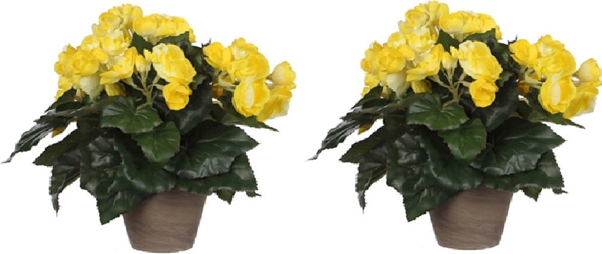 Mica Decorations Mica Decoration Kunstplant - 2x - begonia - geel - in pot - 30 cm - nepplanten