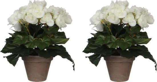 3x stuks witte Begonia kunstplant met bloemen 25 cm in grijze pot - Kunstplanten/nepplanten - Voor binnen