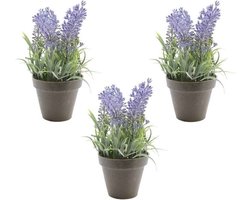 Bellatio Kunstplant - 3x stuks - lavendel - paars - 17 cm - in pot - lavandula - Kunstplanten/nepplanten
