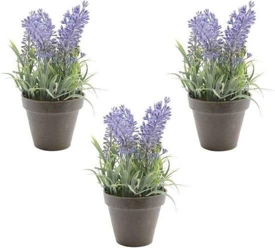 3x Groene/paarse Lavandula/lavendel kunstplanten 17 cm in zwarte plastic pot - Kunstplanten/nepplanten