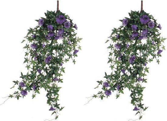 2x Groene Petunia kunstplanten met paarse bloemen 80 cm - Kunstplanten/nepplanten hangplanten
