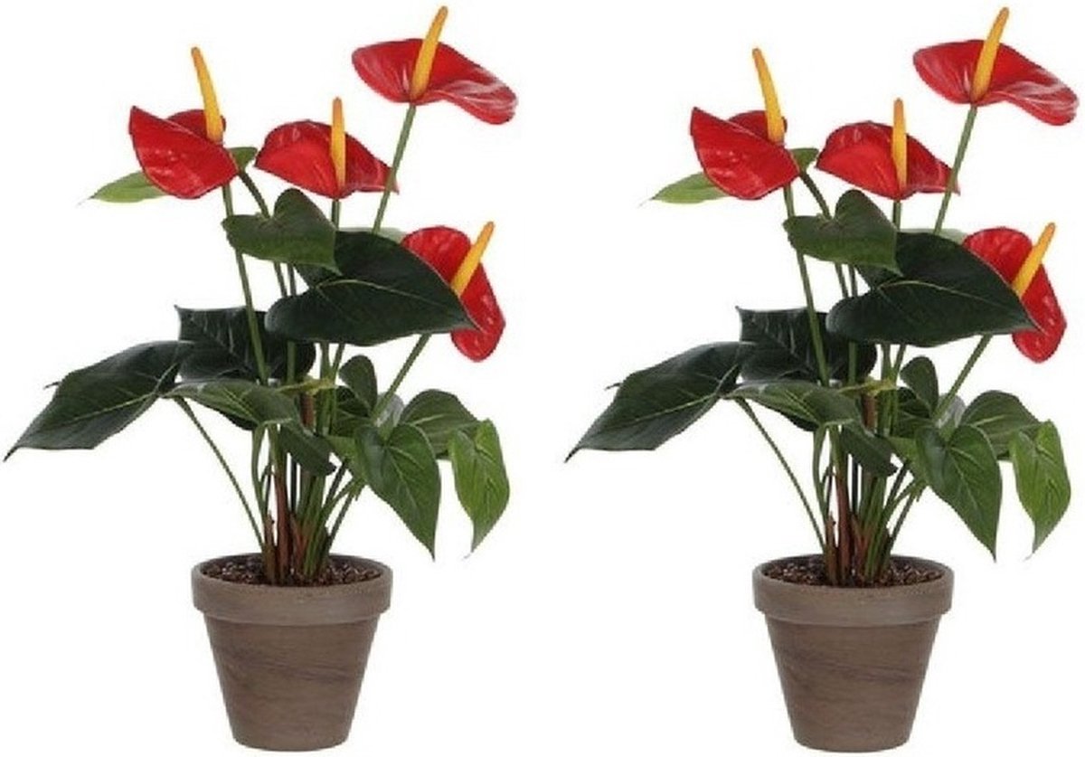 Mica Decorations Kunstplant Anthurium - 2x - rood - 40 cm - grijze pot - nepplant - kamerplant
