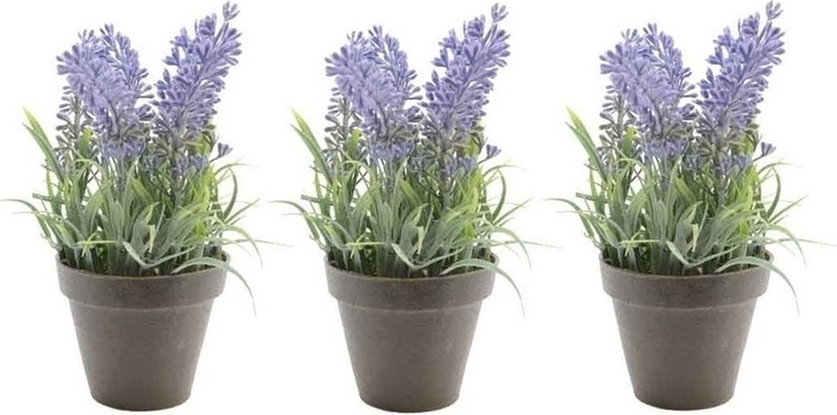 Bellatio Flowers & Plants Bellatio Kunstplant - 3x stuks - lavendel - paars - 17 cm - in pot - lavandula - Kunstplanten/nepplanten