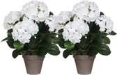 2x Witte Hydrangea/hortensia kunstplant 45 cm in grijze pot - Kunstplanten/nepplanten