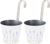 2x stuks bloempotten/plantenbakken zinken emmer met ophanghaak creme wit met lavendel 14x13x26 cm - Balkon/schutting plantenpot