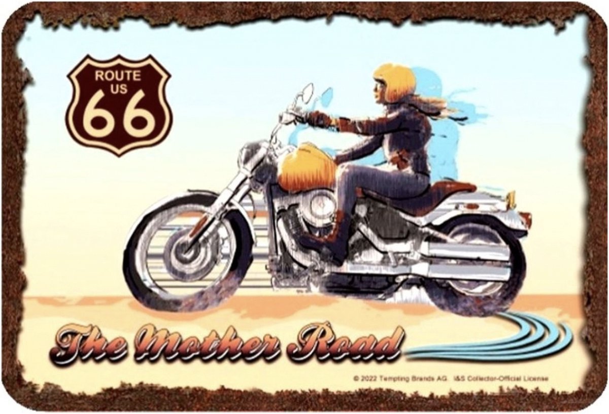 Route 66 The Mother Road Biker Metalen Bord - 20 x 30 cm