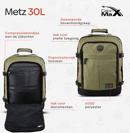 CabinMax Metz Travel Bag - Bagage à Bagage à main 30L - Sac à dos - Sac à dos - 45x35x20cm - Léger - Kaki