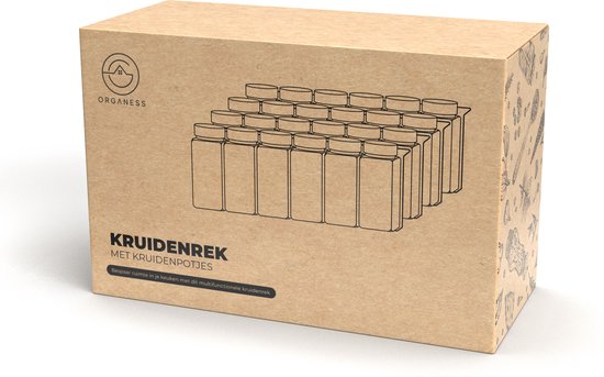 Kartonnen verpakking Organess kruidenrek met 28 kruidenpotjes, illustratie op zijkant.