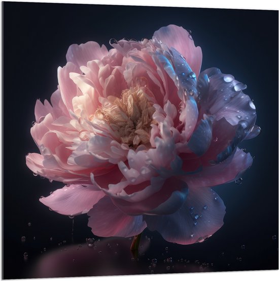 Acrylglas - Mooie Roze Pioenroos onder Waterdruppels - 100x100 cm Foto op Acrylglas (Met Ophangsysteem)