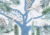 Fotobehang - Vlies Behang - Abstracte Papegaaien en Jungle Bladeren - Kunst - 368 x 254 cm